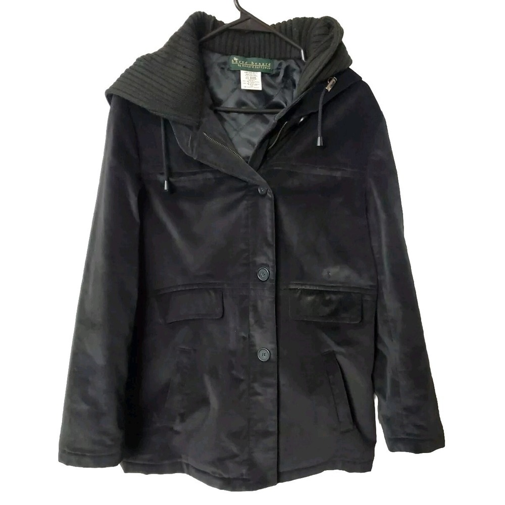 Harve Benard Hooded Jacket Women M Black Velvet  Quilted‎ Lining Buttons Zip